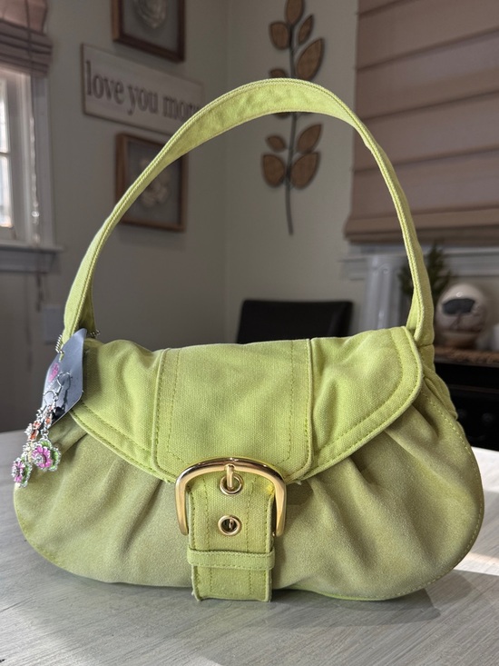 Source Unknown Handbags - Y2K Source Unknown Lime Green Small Hobo Denim and Suede Bag with Gold Buckle